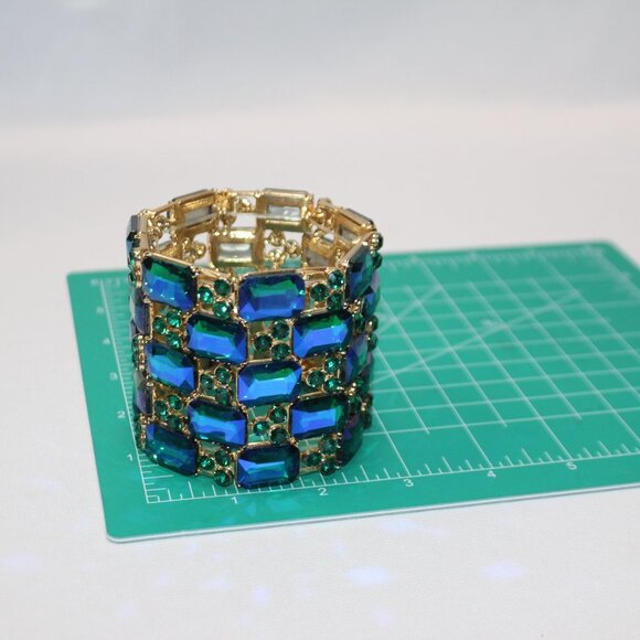 Blue and Green Stretch Wide Band Bracelet - Picture 4 of 6